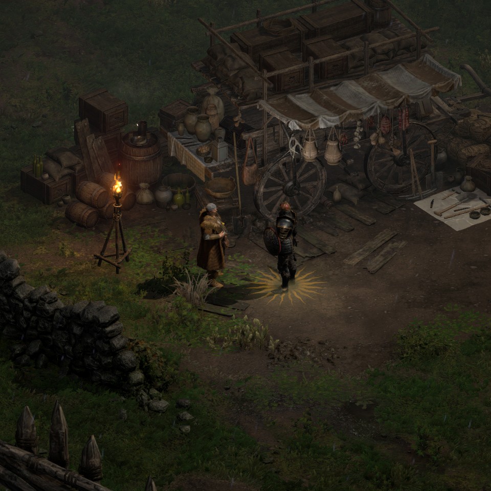A screenshot from the game Diablo II. The Paladin character is standing in front of the vendor Gheed who offers gambling.